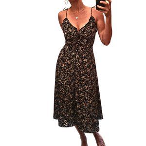 Vintage ON YOU Black Floral Dress ruffled strappy button front Size Small